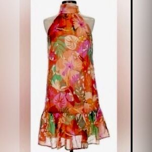 1. State Halter Neck Leaf
Print Mini Dress Ruffle Hem Tropical XL